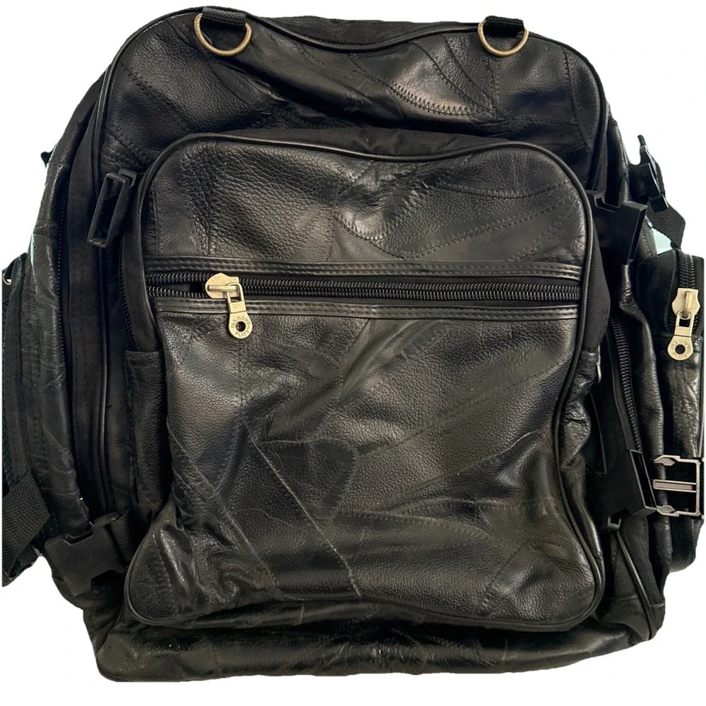 Diamond Plate Buffalo Leather Backpack Great Biker Wear Patchwork Black Zip Clip